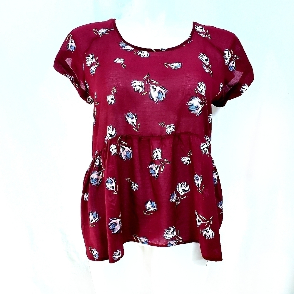 Boho Xhilaration Burgundy Floral Peplum Back Tie Up Top